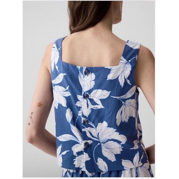 GAP Tops - Gap Women's Floral Print Linen-Blend Button-Back Cropped Tank Top Size Large